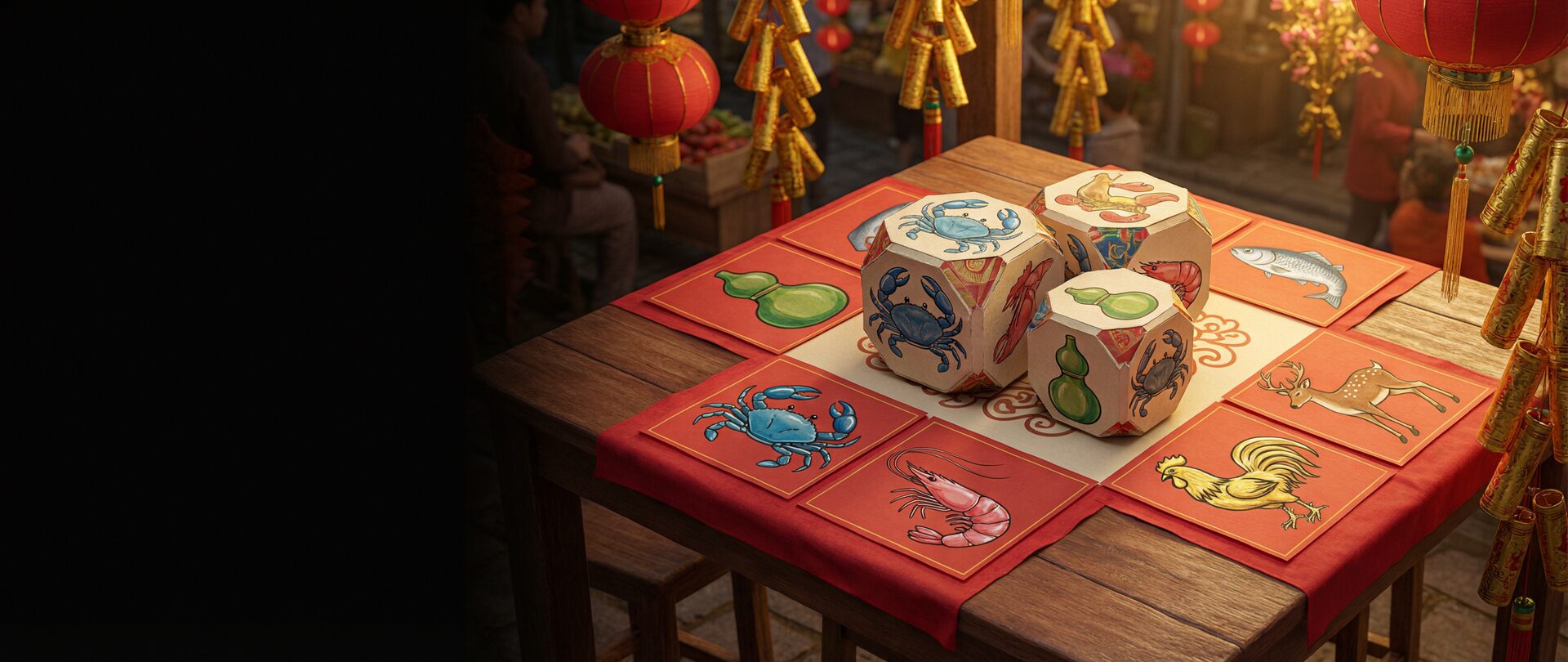 Bàn bầu cua tôm cá sáng đèn giữa khu vui chơi arcade